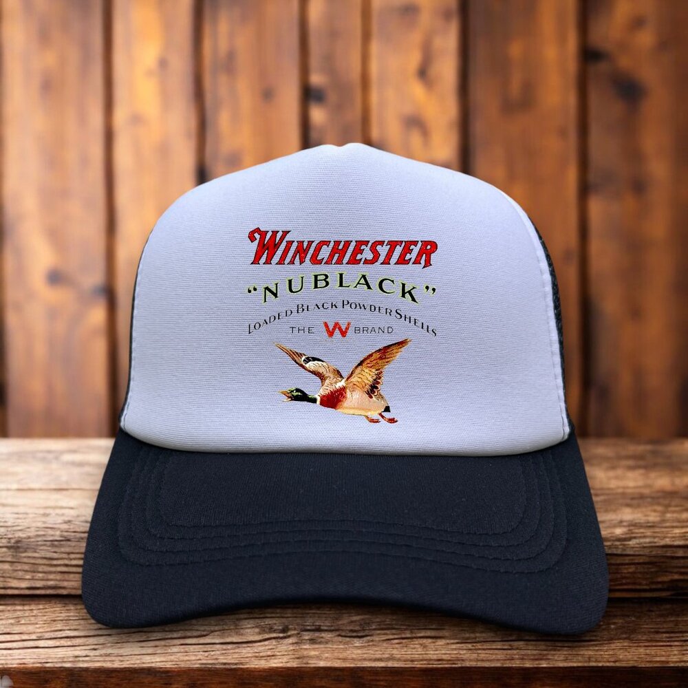 Winchester "Nublack" Powder Shells Mens Trucker Hat Black Snapback Rifle Shotgun